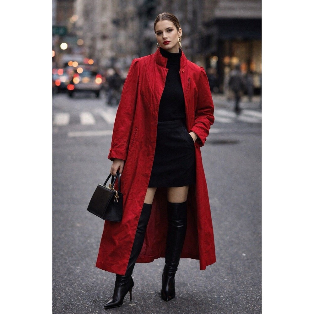 Vintage Statement 70s Red Trench Coat Puff Sleeve Asym Wrap Cotton Blend Size 13